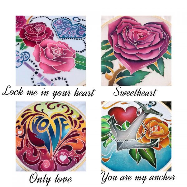 All four designs from the Love Thyself Series Batik Painting Workshops